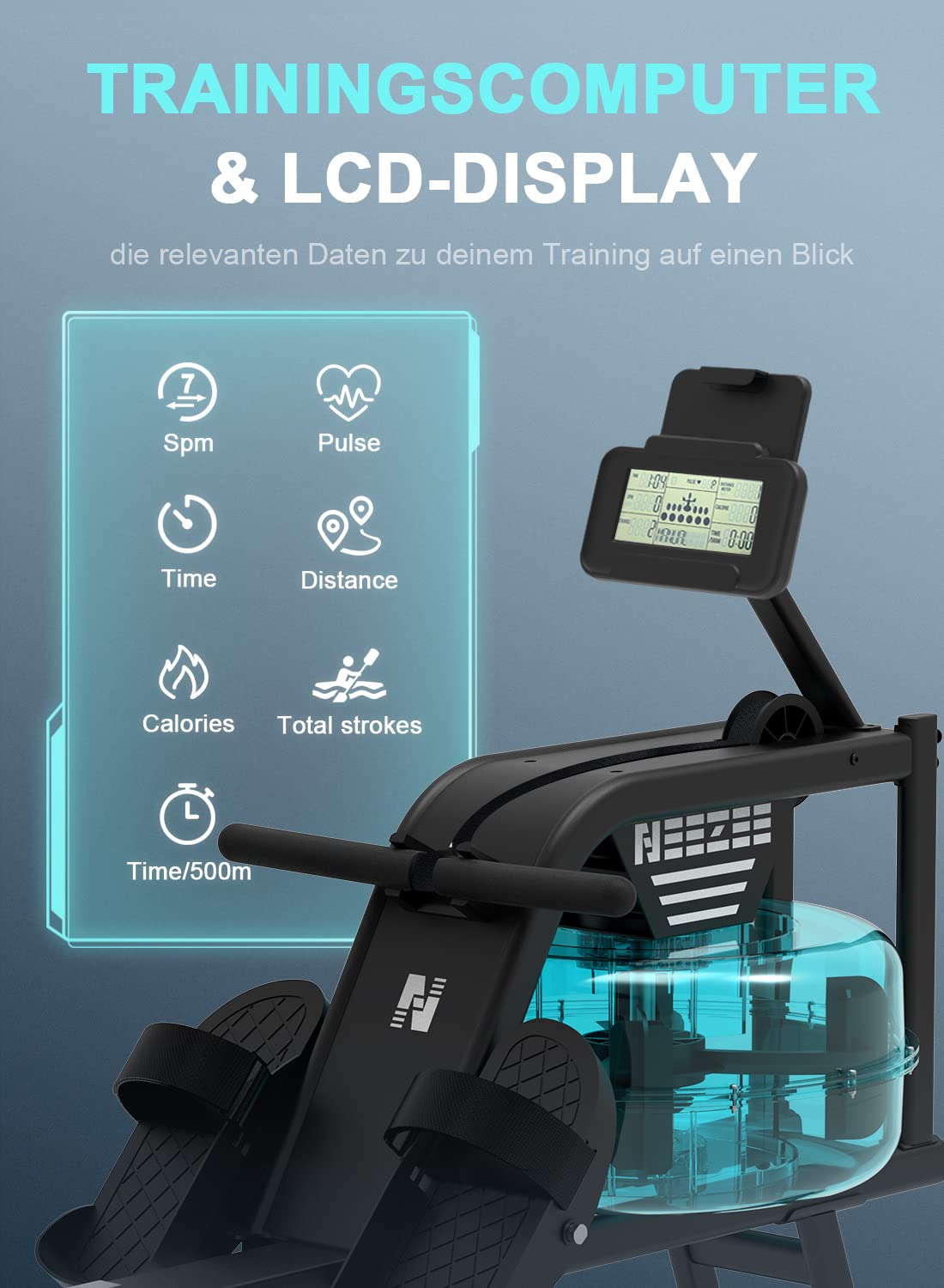 Neezee Rudergerät für zuhause, Rudergerät Wasser mit Professioneller Bluetooth-Monitor und Tablet-Halterung, Max 150kg Belastbar, Vertikale Lagerung, Transporträder für Einfache Bewegung