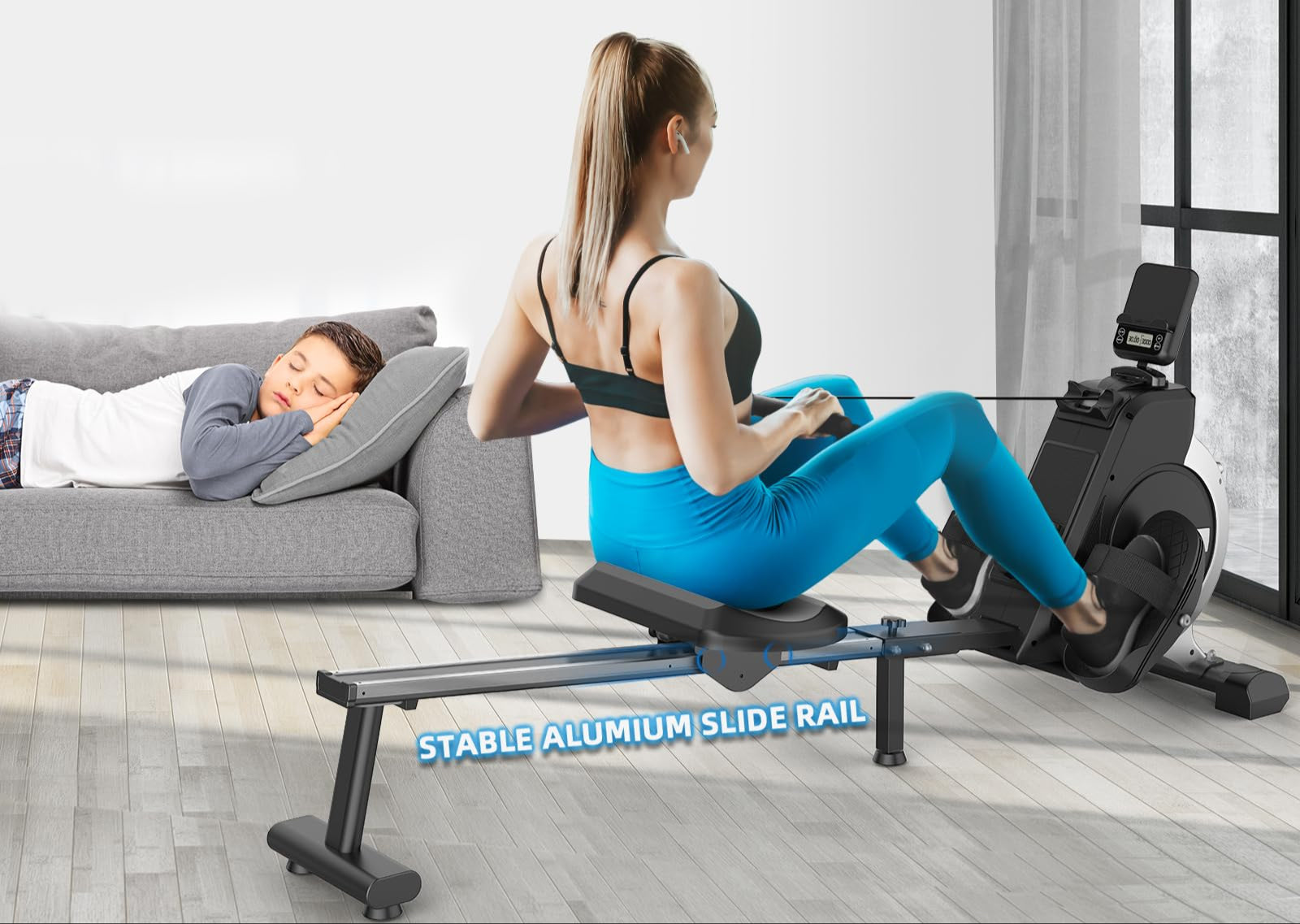 Neezee Rudergerät für zuhause, Super Silent Rudergerät mit 16-stufigem Magnetwiderstand, LCD-Display, Gleitschiene aus Aluminium, Vertikale Lagerung, Transporträder für Einfache Bewegung