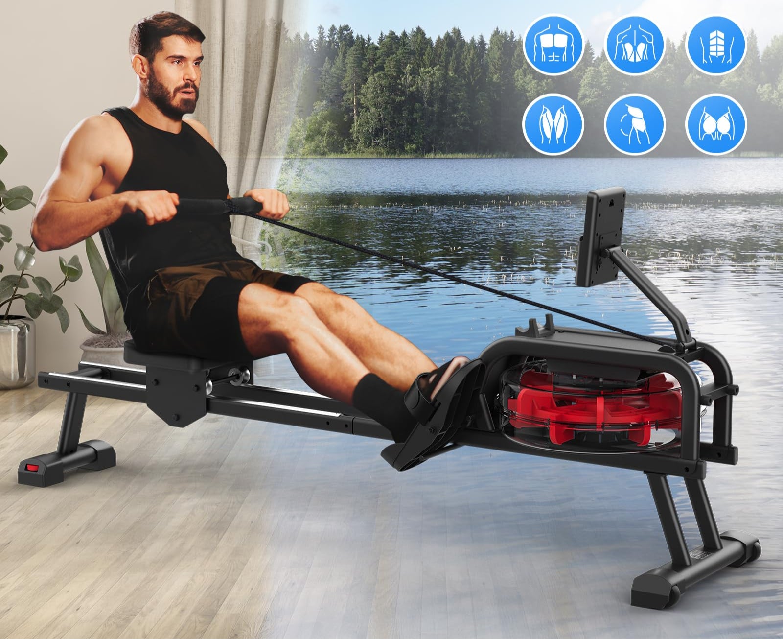Neezee Rudergerät Wasser, Rudergerät für zuhause mit Professioneller LCD Monitor und Tablet Halterung, Wasserrudergerät mit Kinomap APP immersives Rudererlebnis, Max 160kg Belastbar