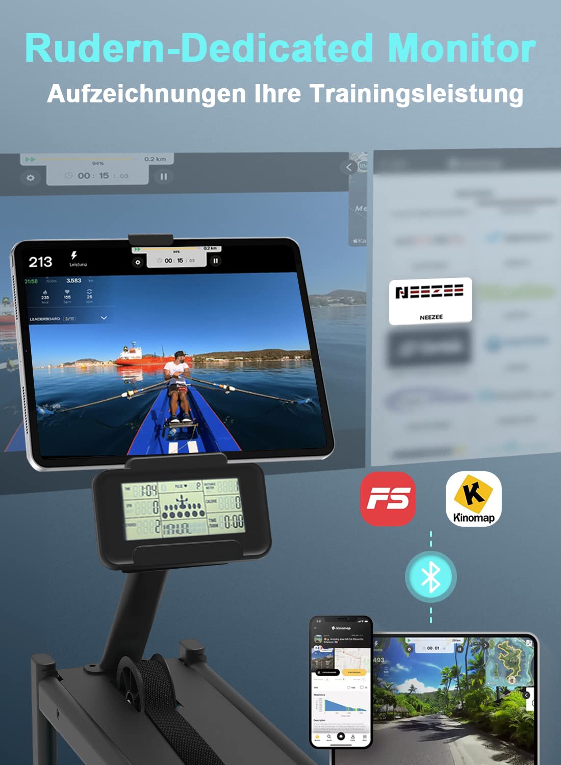 Neezee Rudergerät für zuhause, Rudergerät Wasser mit Professioneller Bluetooth-Monitor und Tablet-Halterung, Max 150kg Belastbar, Vertikale Lagerung, Transporträder für Einfache Bewegung