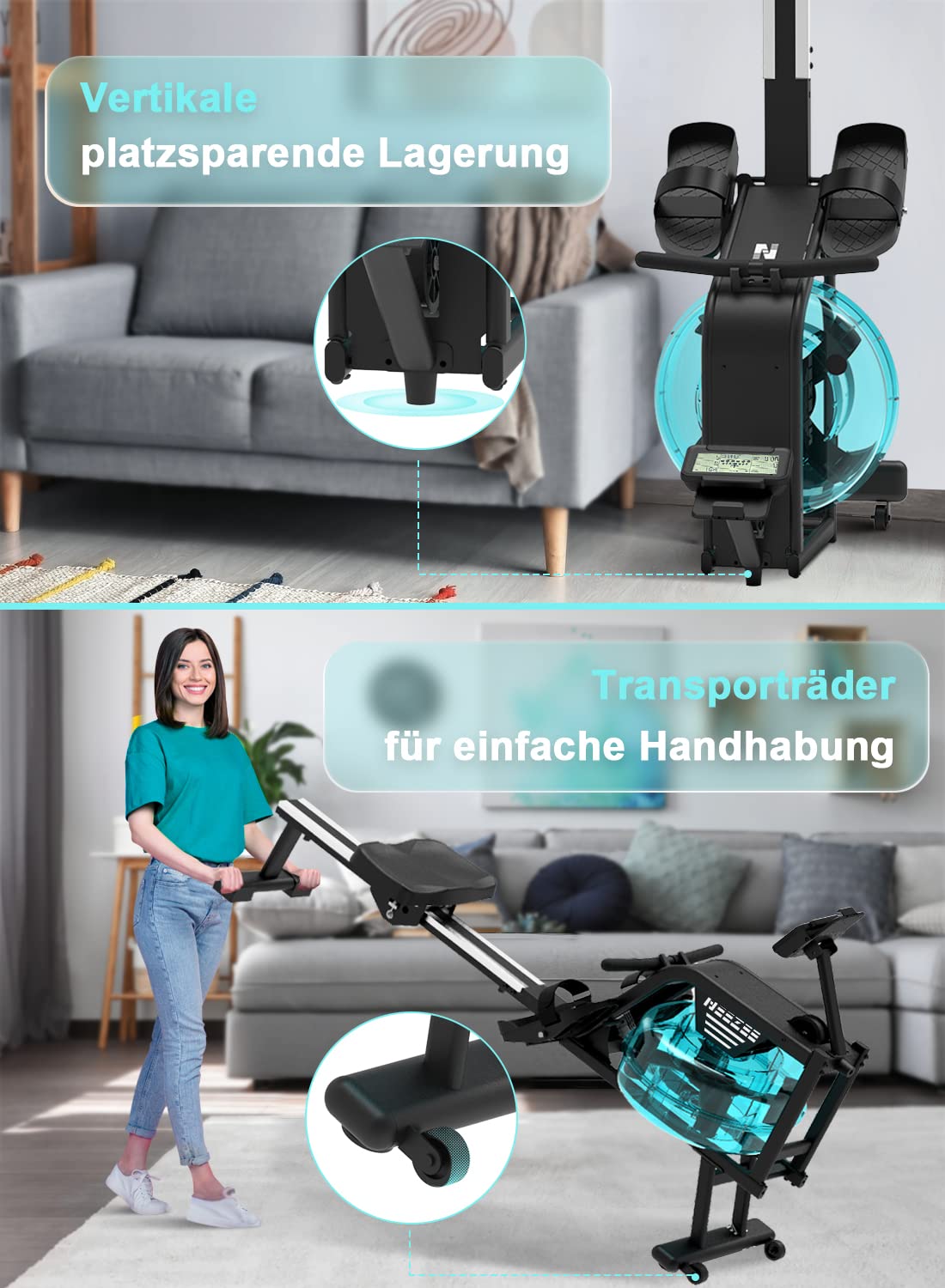 Neezee Rudergerät für zuhause, Rudergerät Wasser mit Professioneller Bluetooth-Monitor und Tablet-Halterung, Max 150kg Belastbar, Vertikale Lagerung, Transporträder für Einfache Bewegung